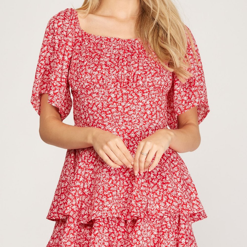 NWT She And Sky Flutter Half Sleeve Red Floral Print Layered Romper